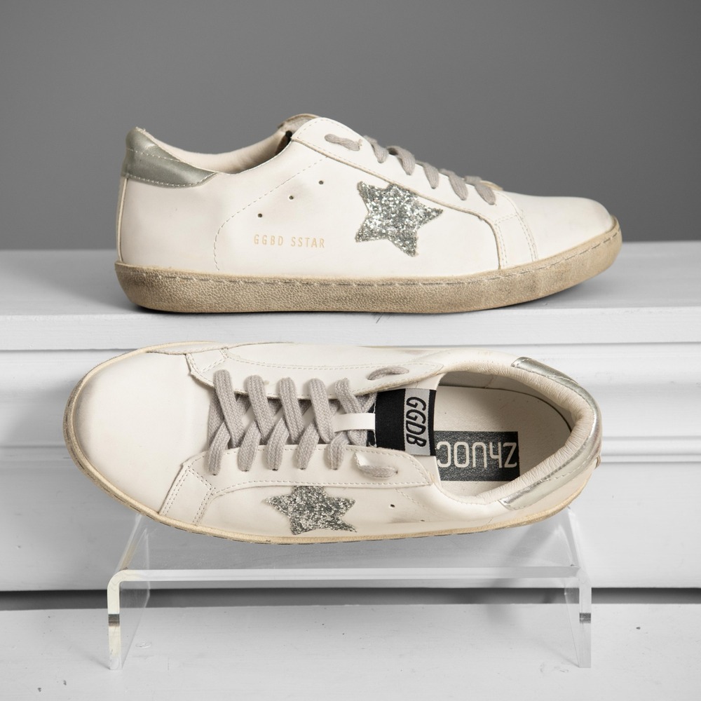 Golden Goose Inspired GGDB White Leather Silver Glitter Star Sneakers Urban Chic